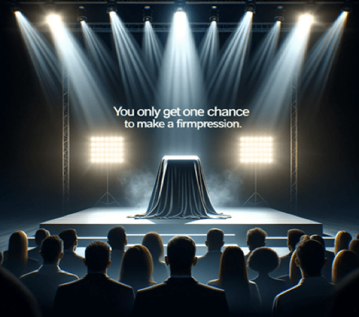 A crowd gathers to witness a product unveiling, caption reads: You only get one chance to make a firmpression